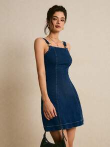 Poéselle 女士休闲无袖牛仔连衣裙，夏季 - 藍色 - 查看 3