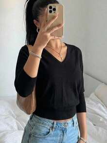 SHEIN EZwear New Summer Black Top Women's Black V-Neck Cropped Minimalist Design Sweater - Black - View 1