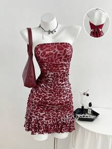 Elamini Women's Sequin Leopard Print Ruched Bandeau Dress, Casual Vacation Wear - Burgundy - View 4