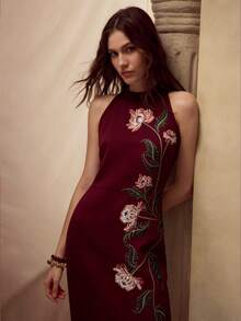 MOTF PREMIUM WOMEN'S ELEGANT FLORAL EMBROIDERED SLIT DRESS - Burgundy - View 6