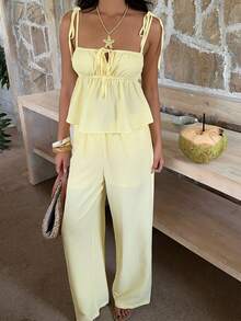 SHEIN EZwear 纯色吊带系带荷叶边下摆休闲编织女式夏季套装 - 黃色 - 查看 6