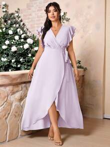 Cravure Plus Size Romantic Elegant Wedding Solid Color Cross V-Neck Tie Side Ruffle Sleeve Dress - Purple - View 1