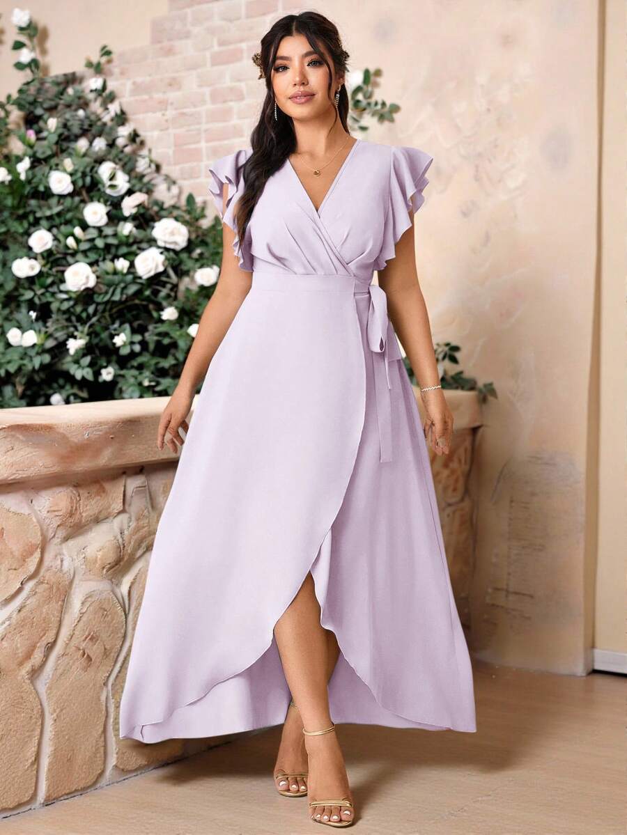 Cravure Plus Size Romantic Elegant Wedding Solid Color Cross V-Neck Tie Side Ruffle Sleeve Dress - Purple - View 1