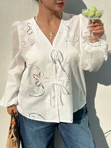 Dazy Plus Plus Size Women's Casual Vacation Style Solid Color Embroidered Hollow Out Lantern Sleeve Front Tie Lightweight Blouse, Spring/Summer - White - View 6