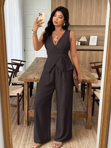 Weeklong Plus Size Women's Sleeveless Wrap Tie Waist Jumpsuit, Casual Commuter Outfit For Spring/Summer - Brown - View 8