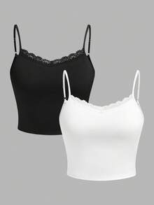 SHEIN Essnce Bộ 2 món gợi cảm dành cho nữ cỡ lớn, áo lót ren có đệm, áo hai dây màu đen trắng, phong cách lễ hội âm nhạc, Y2K. - Đen và trắng - Xem 3