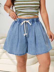 SHEIN CURVE+ 大码女式抽绳腰带口袋宽松休闲牛仔短裤夏季嘉年华服装通勤度假毕业时尚Y2K可爱街头风派对婚礼优雅商务休闲女式浅蓝色牛仔迷你裙时尚休闲弹力腰带伞裙，带可调节抽绳和侧袋 - 藍色 - 查看 4