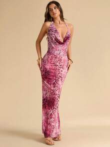 SHEIN BAE Đầm ôm sát in họa tiết da báo hồng, cổ xếp ly, vạt bồng, thích hợp cho kỳ nghỉ xuân/hè. - Hồng - Xem 4