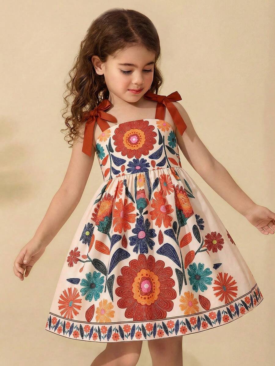SHEIN 女童碎花连衣裙 儿童彩色碎花连衣裙 女童夏季连衣裙 女童蝴蝶结吊带连衣裙 青少年碎花连衣裙 波西米亚风夏季连衣裙 女童吊带碎花迷你连衣裙,带蝴蝶结细节,适合夏季穿着 夏季儿童连衣裙 墨西哥碎花女童连衣裙 碎花连衣裙 女童印花连衣裙 女童印花连衣裙 - 橘色 - 查看 1
