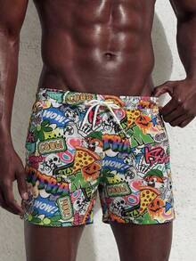 Manfinity Swimmode Quần short nam tối giản in họa tiết, kiểu dáng thường ngày, thích hợp đi biển. - Đỏ và trắng - Xem 5