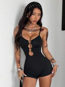 Coolane Women's Spring/Summer Streetwear Chic Y2K Music Festival Sexy Grommet Eyelet Cut Out Stretchy Vest Short Romper - Black - View 4