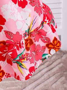 Elladie kids 女童优雅粉色碎花圆领泡泡袖露背蝴蝶结装饰腰部荷叶边下摆休闲时尚连衣裙，适合夏季度假旅行 - 粉色 - 查看 3