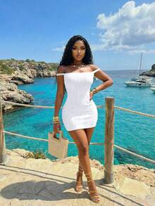 Slaydiva Summer Fashion Basics, Versatile, Casual And Elegant, Suitable For Vacations, Travel, Beaches, Seaside, Pools, Yachts, Sunbathing. A , Sexy, And Elegant Women's Mini Dress In White Jacquard Wavy Stripe Fabric With A Cable Knit Back And Ruched Details-Z - White - View 3