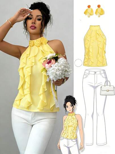 SHEIN Elenzya Áo kiểu nữ mùa xuân hè thanh lịch, sang trọng màu vàng nhạt, chất liệu chiffon mỏng nhẹ, cổ yếm, không tay, thiết kế hở lưng, điểm xuyết hoa 3D bồng bềnh, kiểu dáng lãng mạn, mềm mại, thích hợp cho hẹn hò Valentine, dự đám cưới, đi nghỉ dưỡng suối nước nóng, bãi biển, biệt thự, vườn tược, du lịch, đi làm, dã ngoại, nghỉ mát.