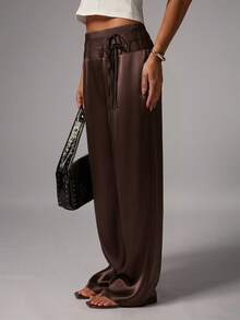 Avenya 女士纯色缎面系带低腰长裤 - 棕色 - 查看 3