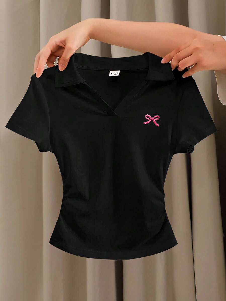 SHEIN Tween Girl Solid Color Casual Polo V-Neck Fitted Side Ruched Short Sleeve Cropped T-Shirt - Black - View 1