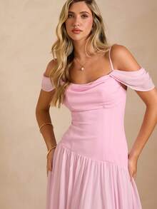 Enchnt 优雅纯色露肩长款连衣裙，适合派对穿着 - 淺粉色 - 查看 2