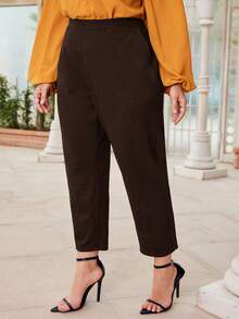SHEIN Essnce Plus Size Casual Versatile Commute Solid High Waist Pants - Coffee Brown - View 4