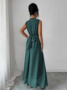 Elenzga Vestido Longo Feminino de Verão/Primavera, Estilo Francês Romântico da Sicília, Elegante e Casual, Ideal para Passeio, Férias, Chá da Tarde, Cor Sólida em Chiffon, Gola Alta, Solto, Amarração Cruzada na Cintura, Linha A, Laço, Sem Mangas, Forrado - Verde Escuro - Visão 2