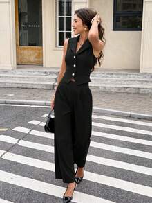 Serisse Conjunto de 2 piezas de chaleco de solapa moteado y pantalones de mujer - Negro - Ver 3