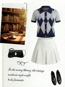 Selianne 春夏通勤休闲优雅蓝白菱形图案翻领金色饰边短袖仿纽扣装饰女式时尚针织套头毛衣 - 藏蓝色 - 查看 5