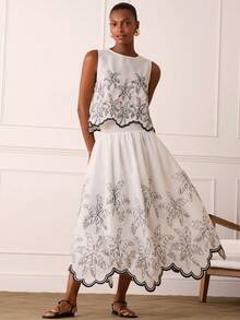 Lilora Women's Elegant Palm Tree Embroidered A-Line Skirt - White - View 3