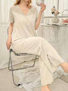 SHEIN Set Piyama Wanita: Kardigan Bahu Transparan Motif Renda Lengan Pendek & Celana Panjang - Aprikot - View 4