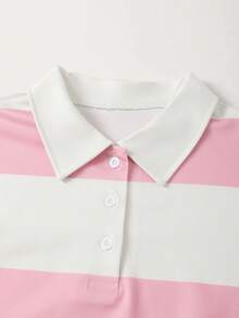 SHEIN 少女休闲条纹短袖迷你连衣裙，蓝白条纹，夏季套装，条纹连衣裙，夏日连衣裙，运动连衣裙，运动裙 - 藕粉色 - 查看 4