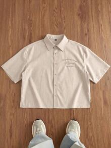 SWAVVY Men's Casual Shirt, Campus Style, Fashion Versatile For Daily Wear, Dating, Family, Retro Cropped Men's Shirts Men's Crop Shirt Retro Clothes Men Men Slogan Graphic Drop Shoulder Tee - Apricot - View 2