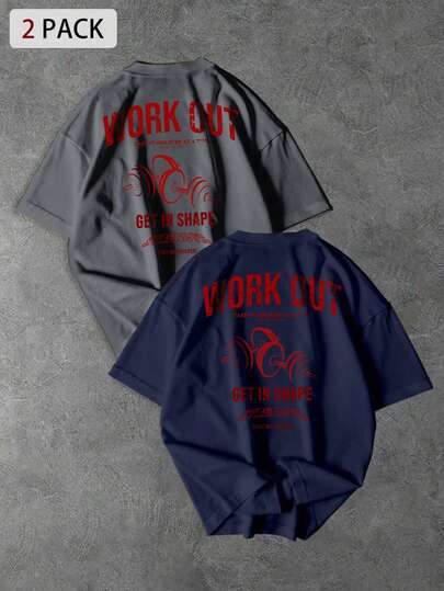 Sport MetroGents Men's Casual Letter & Barbell Print Round Neck Short Sleeve Sports T-Shirt, Summer