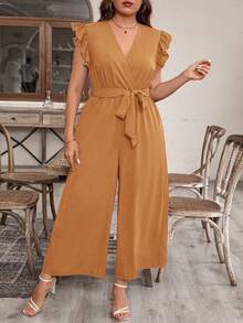 EMERY ROSE Plus Size Women Solid Color Cap Sleeve Jumpsuit - Coral Pink - View 4