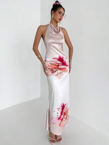 Rafferiza 夏季派对露背吊带修身鱼尾碎花优雅女装 - 粉色 - 查看 6