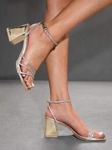 CUCCOO SZL Women's Fashion High-Heeled Sandals, Rhinestone Thick Heel Global Four Seasons Street Sexy Party Festival Outdoor Party Daily Versatile Prom Heels Summer Shoes - Gold - View 7