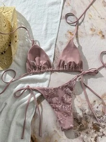 Swim Mod 两件式泳衣，纯色亮片纹理挂脖三角胸罩上衣和侧系带泳裤性感比基尼套装，春夏海滩度假女士比基尼套装，比基尼泳装套装，女士泳衣套装，女士夏季套装，女士两件式泳衣 - 粉色 - 查看 2