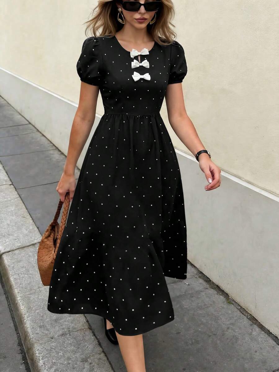 Pariaura 女士黑色波点花瓣袖连衣裙，蝴蝶结镂空连衣裙，春夏款 - 彩色 - 查看 1