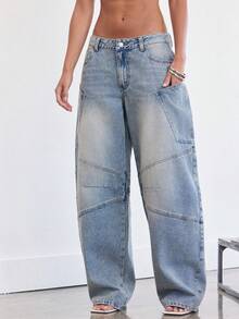 Denimoi 女士宽松版型带口袋阔腿休闲牛仔裤 - 淺色水洗藍 - 查看 4