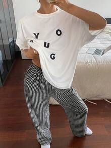 DAZY Minimalist Letter Printed White Top And Plaid Sleep Pants Lounge Set Pajama - White - View 4