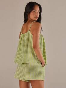 Athîral 女士格子时尚吊带背心和短裤两件套 - 綠色 - 查看 2