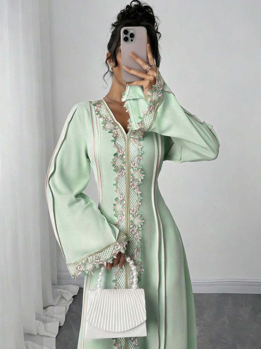 Rafferiza Women's Loose V-Neck Ruffle Long Sleeve Robe, Turkish Abaya, Arabic Kaftan - Aqua Blue - View 1