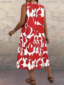 SHEIN Clasi Plus Size Women Geometric Print Round Neck Sleeveless Casual Dress - Red - View 2