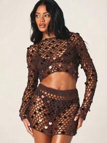 MISSGUIDED Rok Mini Jala Berpayet untuk Wanita, Pakaian Pesta Pantai Jala - Coklat - View 5