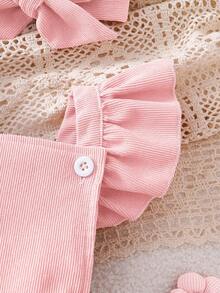 Playful Pals 2pcs/Set Cute Rabbit Embroidery & Pom Pom Decor Baby Girl Romper & Suspender Outfit, Summer - Baby Pink - View 7