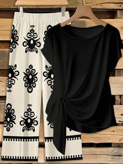 SHEIN Clasi Casual Minimalist Geometric Pattern Vacation Style Black Tie-Up Top And Loose Straight Leg Pants Set, Suitable For Spring/Summer, Plus Size 2-Piece