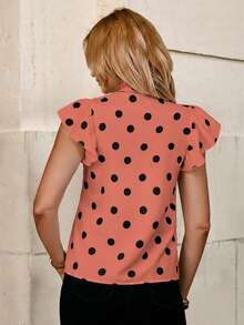 Solivie Black & White Polka Dot Bow Tie Collar Cap Sleeve Fitted Women Shirt Summer Outfits For Women Country Outfits Women Summer Outfits For Women,Summer Top - Coral Orange - View 2