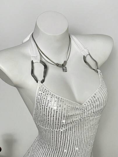 Elamini Women's Metal Decor Beaded Fitted Mini Dress, Suitable For Daily, Vacation, Party