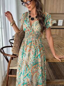 EMERY ROSE Đầm nữ in họa tiết cây cỏ, phối màu tương phản, tay phồng, ôm eo. - Nhiều màu - Xem 4