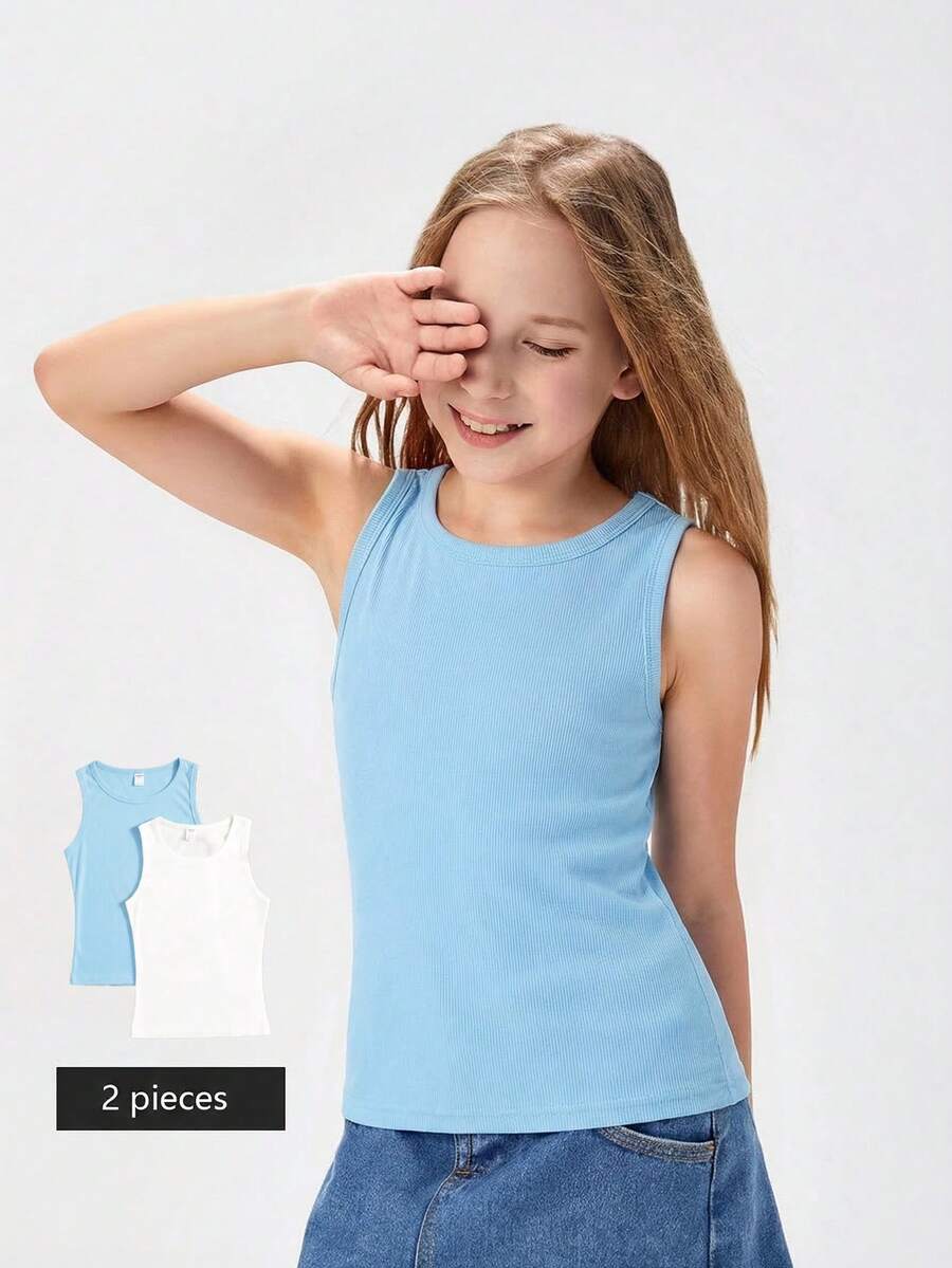 SHEIN Teen Girl Solid Color Blue & White 2 Pieces Camisole Set,Kids - Blue and White - View 1