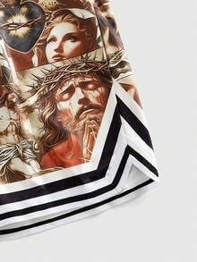 ROMWE MEN Street Life 男士耶稣印花抽绳腰斜插口袋休闲短裤 - 卡其色 - 查看 4