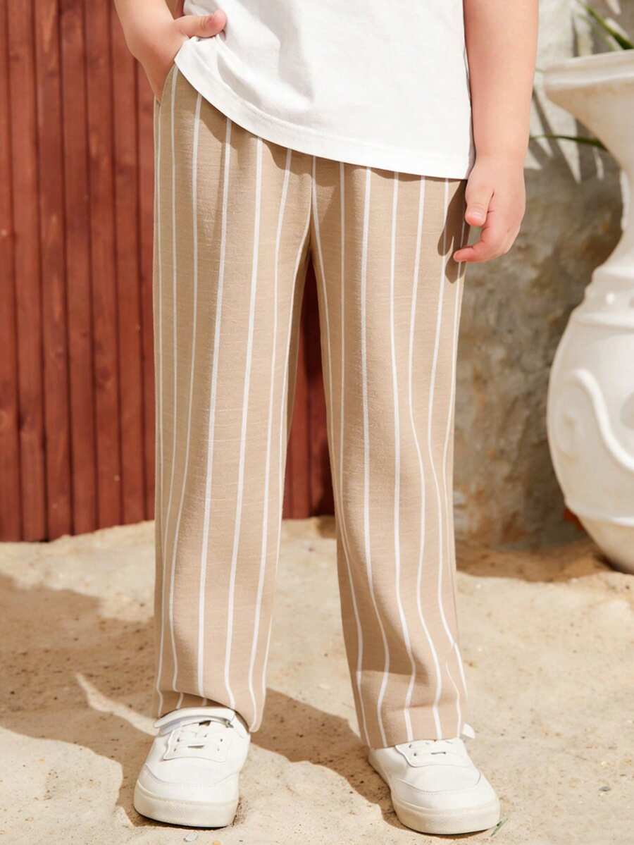 SHEIN 适合日常穿着的青少年男童条纹休闲百搭阔腿裤 - 卡其色 - 查看 1