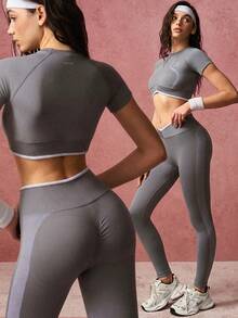 VARSIVA Grey Summer Athleisure Gym Women's Fitness Two-Piece Set,Seamless Short-Sleeved Top & V-Waistband Leggings For Yoga,Pilates,Running,Street Casual Chic - Multicolor - View 2
